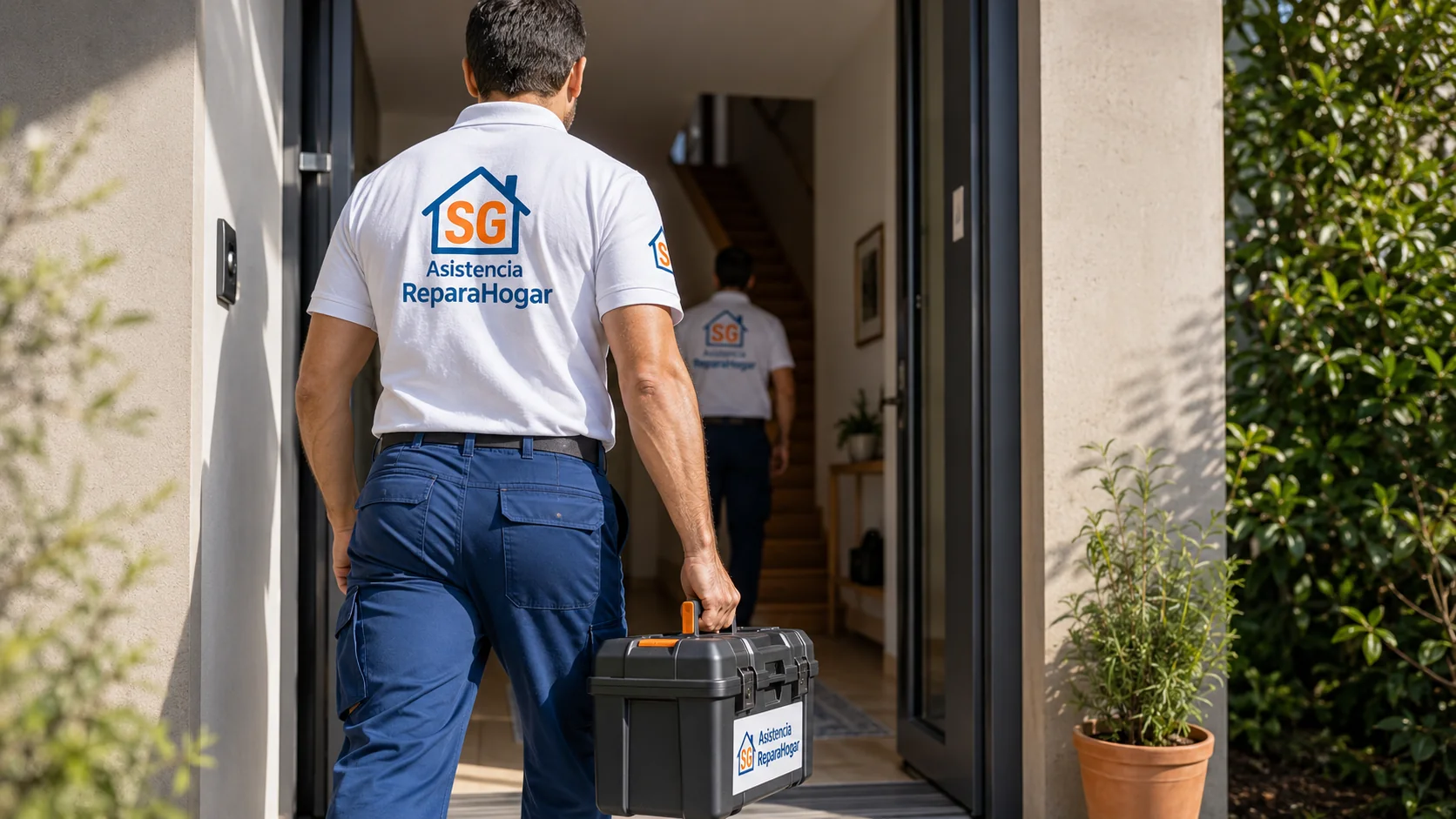 Imagen ilustrativa de técnicos de asistencia entrando en una vivienda con herramientas